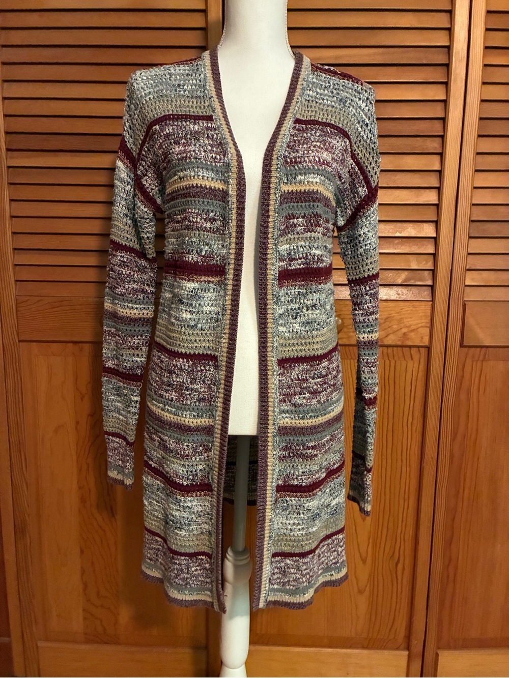 Knox Rose Multicolor Striped Open-Front Cardigan in Burgundy, Cream, Gray, Blue